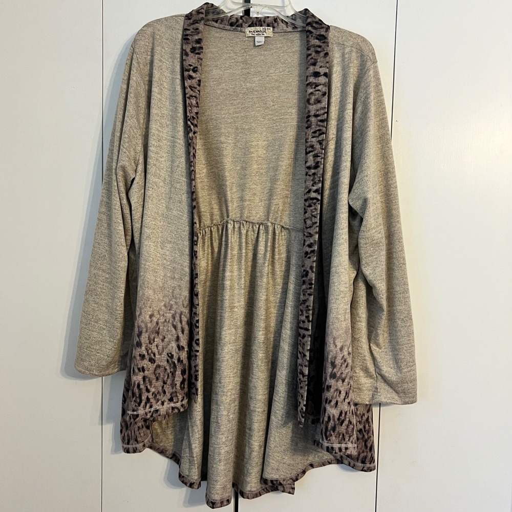 One World Leopard Print Ombre Open Front Cardigan‎ Heather Tan Gray Womens 3X